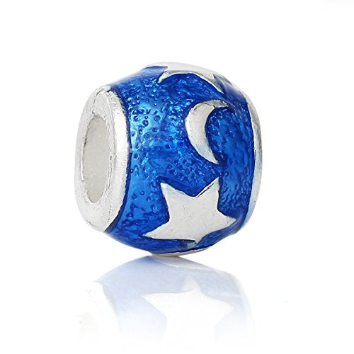 Stars and Moon Design on Blue Enamel Charm European Bead Compatible for Most European Snake Chain Bracelet - Sexy Sparkles Fashion Jewelry - 1