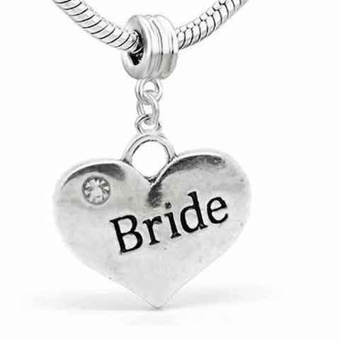 Wedding Charms Heart W/Crystal Dangle Charm Bead For Snake Chain Bracelet (Bride) - Sexy Sparkles Fashion Jewelry - 2