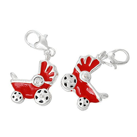 Enamel Red Baby Carriage w/  Crystal Clip On Charm for European Charm Jewelry w/ Lobster Clasp - Sexy Sparkles Fashion Jewelry - 2