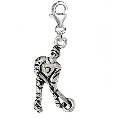 Clip on Hockey Player Dangle Charm Pendant for European Clip on Charm Jewelry w/ Lobster Clasp