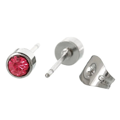 October Pink Birthstone Stainless Steel Post Stud Earrings with  Rhinestone - Sexy Sparkles Fashion Jewelry - 2