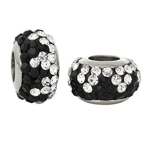 Stainless Steel European Style Charm Beads Round Silver Tone With Black & clear Rhinestone - Sexy Sparkles Fashion Jewelry - 2