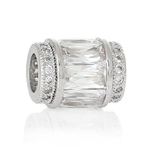 Copper European Charm Beads Cylinder Silver Tone Clear Cubic Zirconia