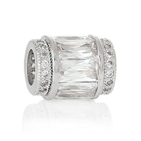 Copper European Charm Beads Cylinder Silver Tone Clear Cubic Zirconia - Sexy Sparkles Fashion Jewelry - 1
