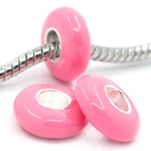 European Charm Beads Flat Round Silver Plated Enamel hot pink - Sexy Sparkles Fashion Jewelry - 3