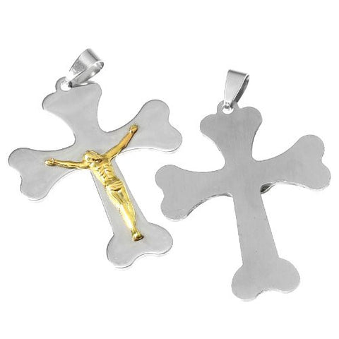 Stainless Steel Charm Pendants Cross Silver Tone & Golden Jesus Pattern 5.8cm x 3.8cm - Sexy Sparkles Fashion Jewelry - 2