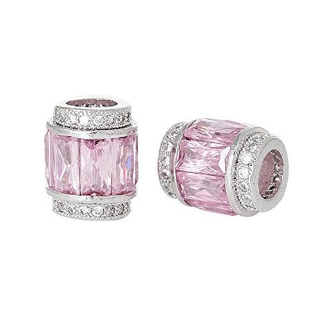 Copper European Charm Beads Cylinder Silver Tone Clear Pink Zirconia - Sexy Sparkles Fashion Jewelry - 3