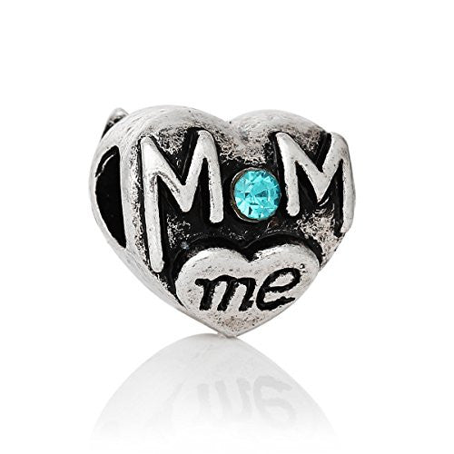 Mom and Me Heart W/Blue Rhinestones Charm Spacer European Bead Compatible for Most European Snake Chain Bracelet - Sexy Sparkles Fashion Jewelry - 1
