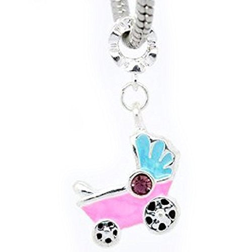 Baby Stroller/Carriage Charm Pink Enamel Dangle Spacer European Bead Compatible for Most European Snake Chain Bracelet - Sexy Sparkles Fashion Jewelry - 1