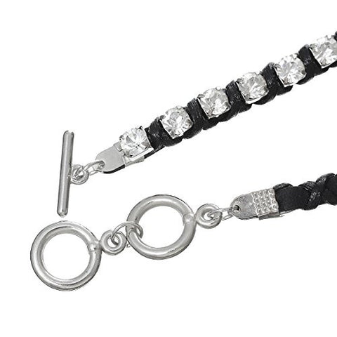 Cowhide Leather Toggle Clasp Bracelet Black Clear Rhinestone 42cm(16 4/8") - Sexy Sparkles Fashion Jewelry - 3