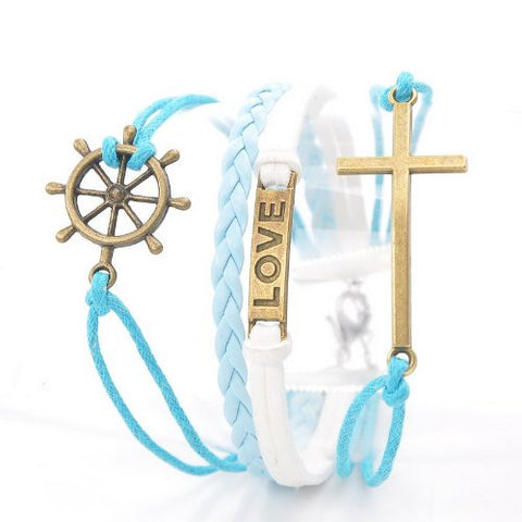 Wax Rope Braiding Bracelet Mixed Antique Bronze Cross & Rudder & Rectangle "Love" Findings 20cm(7 7/8") long - Sexy Sparkles Fashion Jewelry - 2