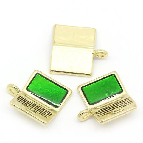 Gold plated base Tone Computer/laptop with Green Enamel Screen Charm Pendant - Sexy Sparkles Fashion Jewelry - 3