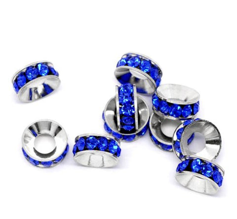 Silver Tone Royal Blue Rhinestone Rondelle Spacer Beads Fit European Bracelet - Sexy Sparkles Fashion Jewelry - 2