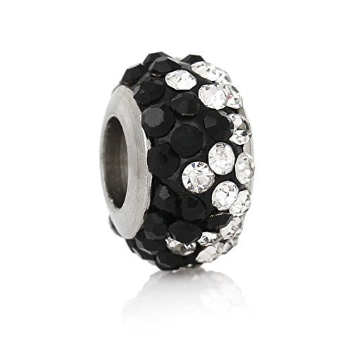 Stainless Steel European Style Charm Beads Round Silver Tone With Black & clear Rhinestone