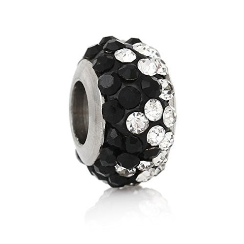 Stainless Steel European Style Charm Beads Round Silver Tone With Black & clear Rhinestone - Sexy Sparkles Fashion Jewelry - 1
