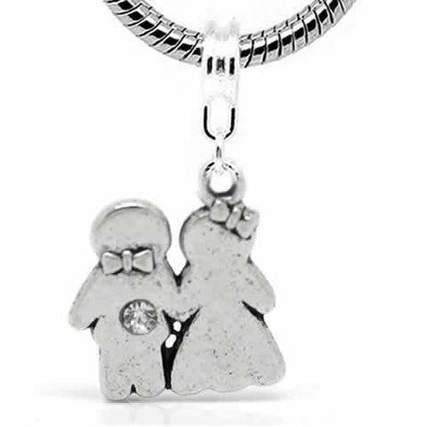 Bride and Groom W/clear  Crystal Dangle Bead Spacer For Snake Chain Charm Bracelet - Sexy Sparkles Fashion Jewelry - 2