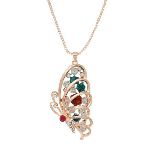 Snake Chain Pendant Necklace Rose Gold Tone Butterfly w/  Crystals with Extension Chain 28 Long