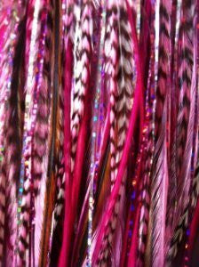 Set of Five (5) 7-11 Feather Hair Extensions with 2 Glitter Strands Bonded Together At the Tip