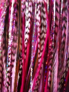 Set of Five (5) 7-11 Feather Hair Extensions with 2 Glitter Strands Bonded Together At the Tip - Sexy Sparkles Fashion Jewelry