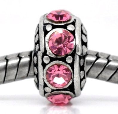 Five (5)October Birthstone  Rose Pink Rhinestone Spacer Beads For Snake Chain Charm Bracelet - Sexy Sparkles Fashion Jewelry - 2