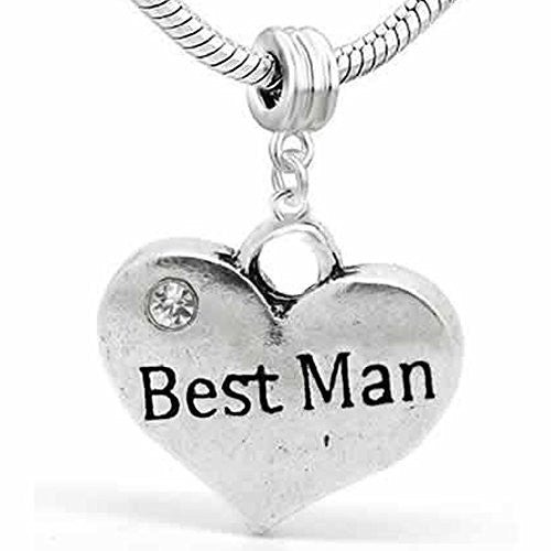 Wedding Charms Heart W/Crystal Dangle Charm Bead For Snake Chain Bracelet (Best Man)