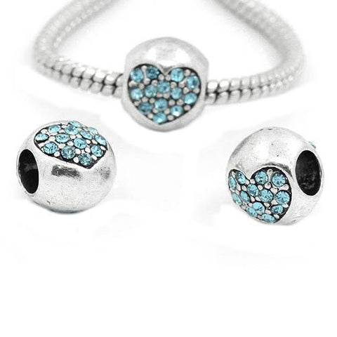 Heart Carved On Charm With Rhinestones Bead Spacer For Snake Chain Bracelet (Light Blue) - Sexy Sparkles Fashion Jewelry - 3