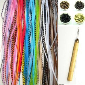NEW 7-11 Feather Hair Extension Kit 10 Long Multi  Genuine Single Feathers + 10 Micro Beads & hook Tool (You will get mixed s) - Sexy Sparkles Fashion Jewelry