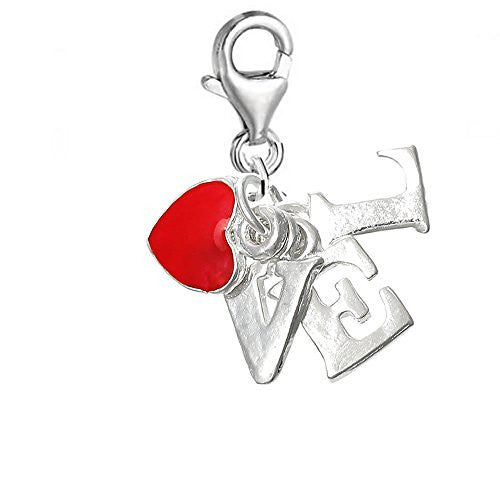 Love with Red Heart Clip on Pendant for European Charm Jewelry w/ Lobster Clasp