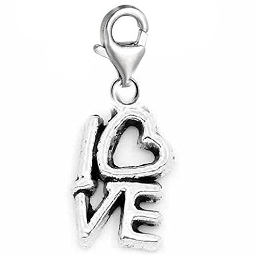 Clip on Love Dangle Charm Pendant for European Clip on Charm Jewelry w/ Lobster Clasp