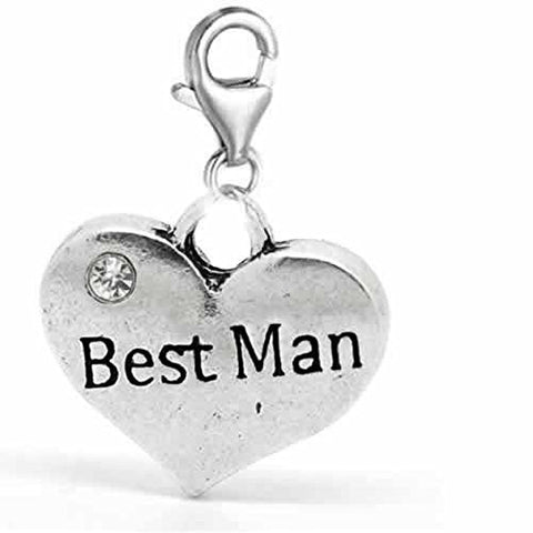Clip on Wedding Best Man Heart w/ Crystals Charm Dangle Pendant for European Clip on Charm Jewelry w/ Lobster Clasp - Sexy Sparkles Fashion Jewelry - 1