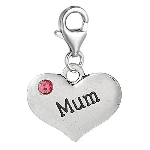 Mum Heart W/ Pink  Crystal Clip On Pendant for European Charm Jewelry w/ Lobster Clasp - Sexy Sparkles Fashion Jewelry