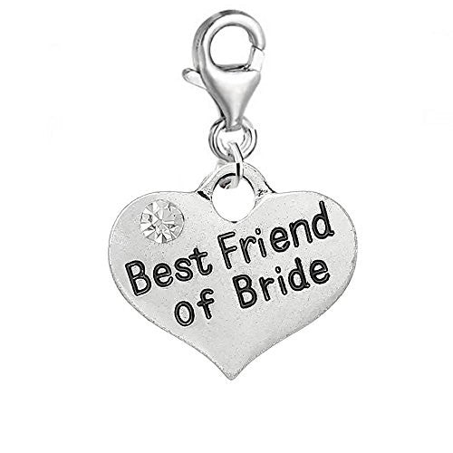 Clip on Wedding Best man of the Bride Heart w/ Clear  Crystals Charm Pendant for European Clip on Jewelry w/ Lobster Clasp - Sexy Sparkles Fashion Jewelry