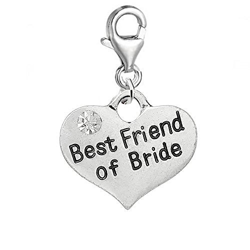 Clip on Wedding Best man of the Bride Heart w/ Clear  Crystals Charm Pendant for European Clip on Jewelry w/ Lobster Clasp