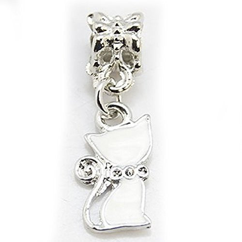 White Cat Dangle Bead European Bead Compatible for Most European Snake Chain Bracelets