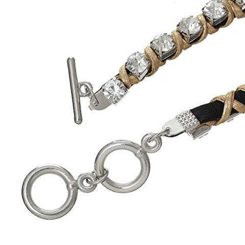Cowhide Leather Toggle Clasp Bracelet Golden Clear Rhinestone 42cm(16 4/8") - Sexy Sparkles Fashion Jewelry - 3
