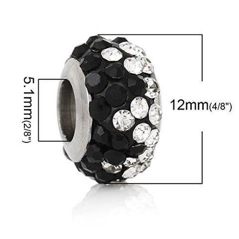 Stainless Steel European Style Charm Beads Round Silver Tone With Black & clear Rhinestone - Sexy Sparkles Fashion Jewelry - 3