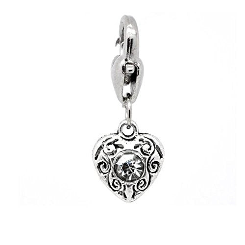 Heart Antique Silver Green Rhinestone Clip On Charms. Fits Thomas Sabo  26x10mm, - Sexy Sparkles Fashion Jewelry