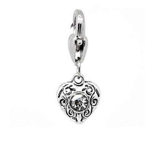 April Clear Birthstone Antique Silver Rhinestone Heart Clip On Charms. Fits Thomas Sabo 26x10mm - Sexy Sparkles Fashion Jewelry - 1