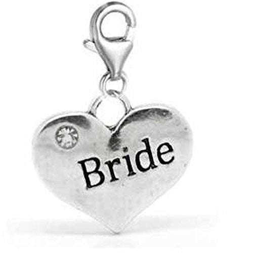 Clip on Wedding Bride Heart w/ Crystals Charm Dangle Pendant for European Clip on Charm Jewelry w/ Lobster Clasp