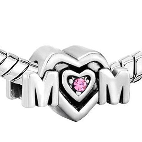 Mothers Day Gift Mom Heart with Pink Rhinestone Crystal Charm European Bead Compatible for Most European Snake Chain Bracelet