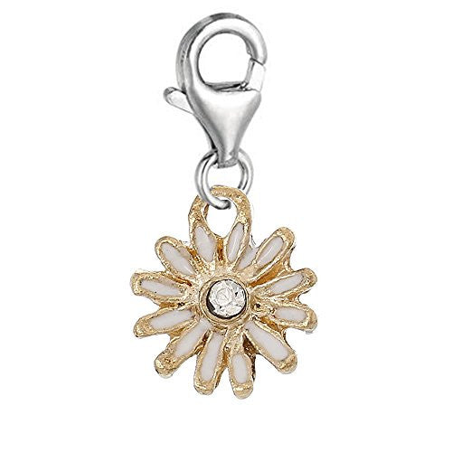Clip on White Daisy Flower Silver Tone Charm Pendant for European Jewelry w/ Lobster Clasp