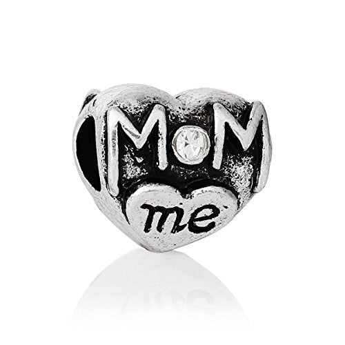 Mom and Me Heart W/Clear Rhinestones Charm Spacer European Bead Compatible for Most European Snake Chain Bracelet