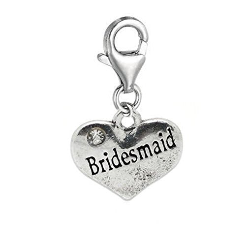 Clip on Bridesmaid on Heart Charm Pendant for European Jewelry w/ Lobster Clasp
