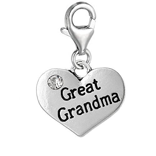 Heart 2 Sided w/ Clear  Crystal Stones Great Grandma Charm Clip On Pendant w/ Lobster Clasp