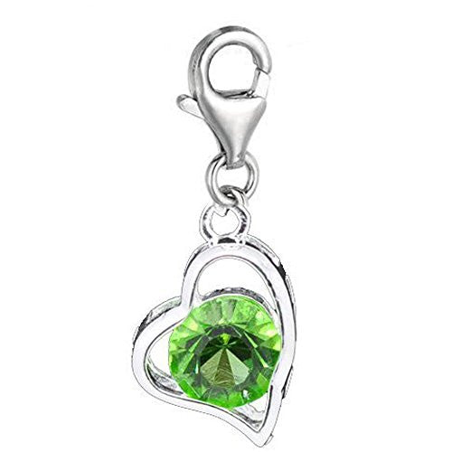 Clip on August Birthstone Heart Charm Pendant for European Jewelry w/ Lobster Clasp