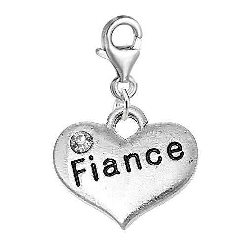 Clip on Wedding Fiance Heart w/ Clear  Crystals Charm Pendant for European Clip on Jewelry w/ Lobster Clasp - Sexy Sparkles Fashion Jewelry