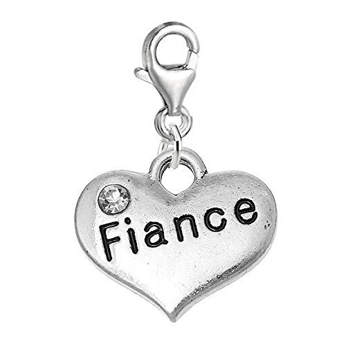 Clip on Wedding Fiance Heart w/ Clear  Crystals Charm Pendant for European Clip on Jewelry w/ Lobster Clasp