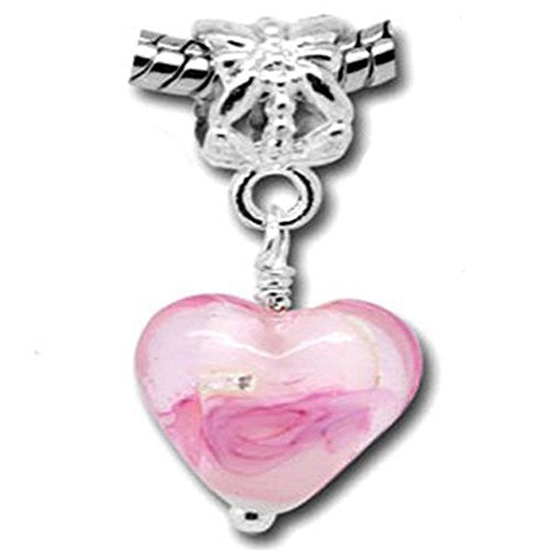 Foil Glass Hearts European Charm for Snake Chain Bracelets (Pink)