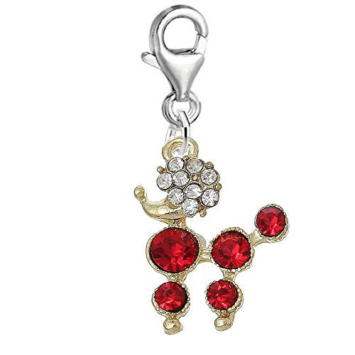 Poodle Dog With Red Crystals Clip on Pendant Charm for Bracelet or Necklace