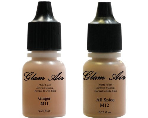 (2)Two Glam Air Airbrush Makeup Foundations M11 Ginger & M12 All Spice for Flawless Looking Skin Matte Finish For Normal to Oily Skin (Water Based)0.25oz Bottles